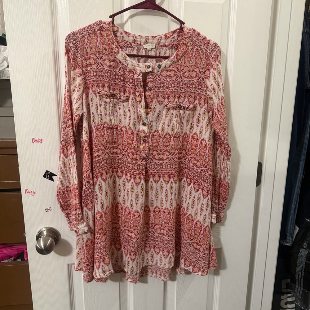 En Creme Boho Tunic Blouse Womens Small Red Geometric Viscose Excellent Pockets